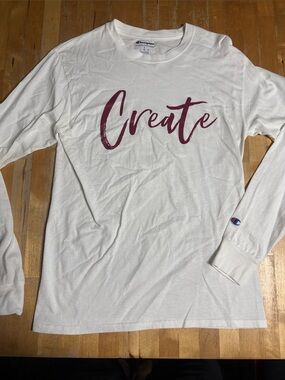 Champion White Long Sleeve Tee with Maroon "Create" Script